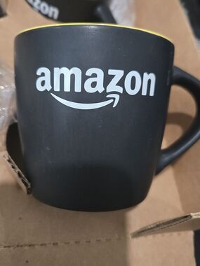 Lot Of 6 Amazon Smile Employee Black Ceramic Coffee Mug with Yellow Interior